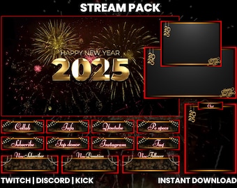 New Year Twitch Stream Pack | 2025 Twitch Stream Pack | Twitch Screen Overlay | Animated Screens | Twitch Alerts | Chat Overlay | Red  Gold