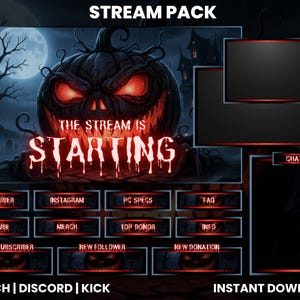 Może przedstawiać: Cyfrowy pakiet streamingu o tematyce Halloween. Główna grafika przedstawia wyrzeźbioną dynię z świecącymi czerwonymi oczami i napisem "THE STREAM IS STARTING". Zawiera elementy nakładki dla czatu, alertów subskrybentów i linków do mediów społecznościowych.