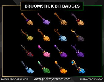 Broomstick Bit Badges, Witch Broom Stream Badges, Twitch Gaming Graphics, Fantasy Magic Badges for Kick and Discord