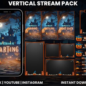 Puede incluir: Un paquete de stream vertical con temática de Halloween. Incluye una pantalla de teléfono con una escena de castillo embrujado, pantallas superpuestas y botones para Twitch, YouTube, etc. El texto incluye "The Stream is Starting", "Ending", "Offline" y "Right Back".