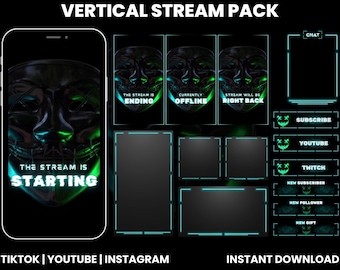 Neon Mask Vertical Stream Pack | Cyberpunk Twitch Overlay | TikTok YouTube Live Streaming Kit