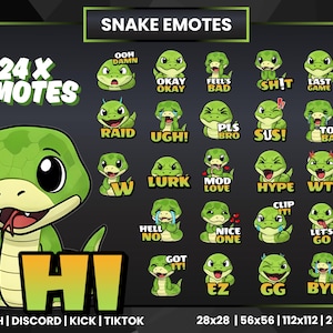 Könnte beinhalten: Eine Sammlung von 24 grünen Schlangen-Emotes mit verschiedenen Ausdrücken und Textblasen. Das Bild zeigt eine große Cartoon-Schlange, die "HI" sagt, sowie Text, der die Kompatibilität mit Twitch, Discord, Kick und TikTok anzeigt.