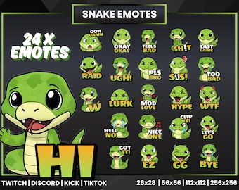 Paquete de emoticones de serpiente para Twitch, Discord, TikTok y YouTube: 24 divertidos emoticones de reptiles para streaming / Descarga PNG digital para creadores