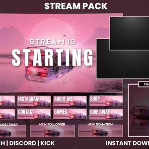 Peut inclure: Un pack de diffusion rose et blanc avec une voiture rose et blanche, le texte "STREAM IS STARTING" et divers boutons pour s'abonner, suivre et faire des dons. Le pack comprend également une fenêtre de chat et un écran noir pour afficher une vidéo.