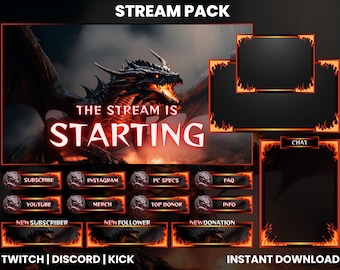 Pacchetto streaming Twitch Drago di fuoco nero / Sovrapposizioni schermo Twitch / Webcam animata / Pannelli Twitch / Sovrapposizioni streaming / Schermo animato