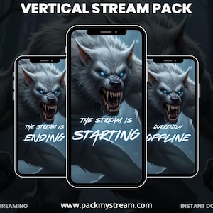 Puede incluir: Un paquete de arte digital para streaming móvil, con tres smartphones que muestran un hombre lobo gruñendo con ojos azul brillante. El texto en los teléfonos dice "ENDING", "STARTING" y "OFFLINE". El fondo presenta una imagen borrosa de un hombre lobo.