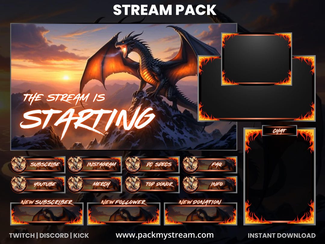 Fire Dragon Stream Pack Overlay | Fantasy Twitch Overlay for OBS ...