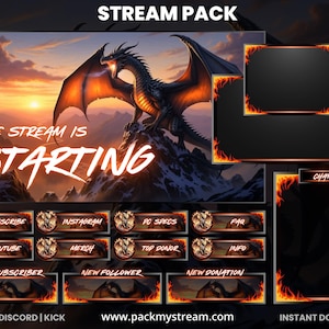 Puede incluir: Un paquete de transmisión digital con una ilustración de dragón sobre un fondo de puesta de sol. Incluye elementos de superposición con texto como "The Stream Is Starting", "Subscribe" y "Chat".