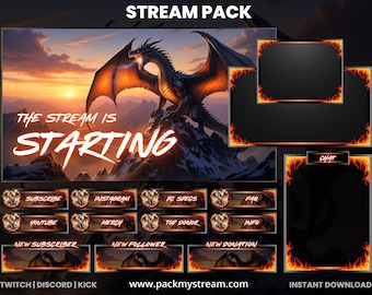 Fire Dragon Stream Pack Overlay | Fantasy Twitch Overlay for OBS, Gaming Alerts & Epic Stream Graphics | Webcam Overlay | Twitch Panels
