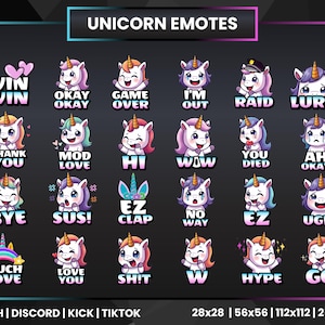Unicorn Emotes for Twitch Discord YouTube TikTok – 24 Magical Kawaii Emotes for Streamers | Digital Download PNG Emoji Set