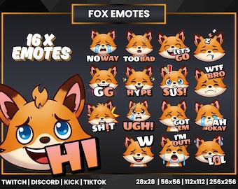 Cute Fox Emotes Pack for Twitch Discord Kick | 16 Kawaii Streaming Emotes | Funny Fox Chat Stickers for YouTube TikTok Streamers