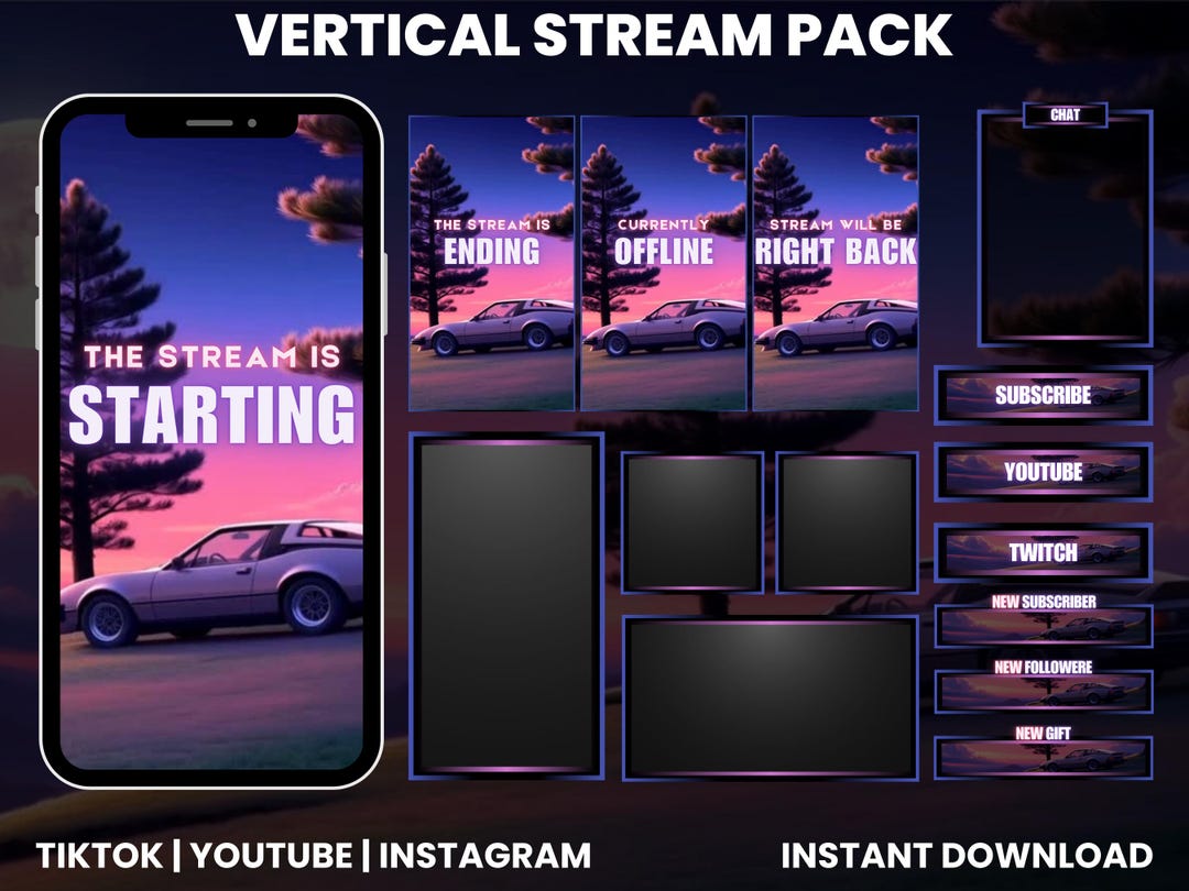 Retro Sunset Car Vertical Stream Pack | Tiktok Twitch Youtube Overlays ...