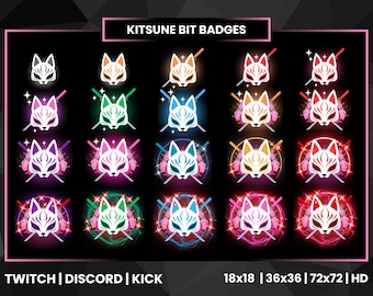 Kitsune Twitch Bit Badges | Twitch Sub Badges | Twitch Emotes | Kitsune Sub Badges | Neon Color Bit Badges | Fox Bit Badges | Fox Sub Badges