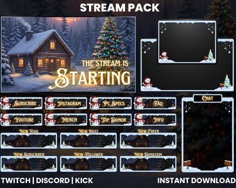 May include: A winter-themed streaming pack with a snowy cabin, Christmas tree, and various overlay elements. Includes buttons for subscribe, Instagram, and more. The text "THE STREAM IS STARTING" is displayed. The pack is for Twitch, Discord, and Kick.