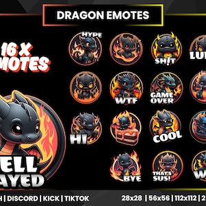 16 x Dragon Emotes | Twitch Emotes | Black Dragon Emotes | Baby Dragon Emotes | Discord Emotes | Kick Emote | YouTube Emotes | TikTok Emotes