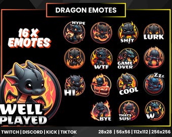 16 x Dragon Emotes | Twitch Emotes | Black Dragon Emotes | Baby Dragon Emotes | Discord Emotes | Kick Emote | YouTube Emotes | TikTok Emotes