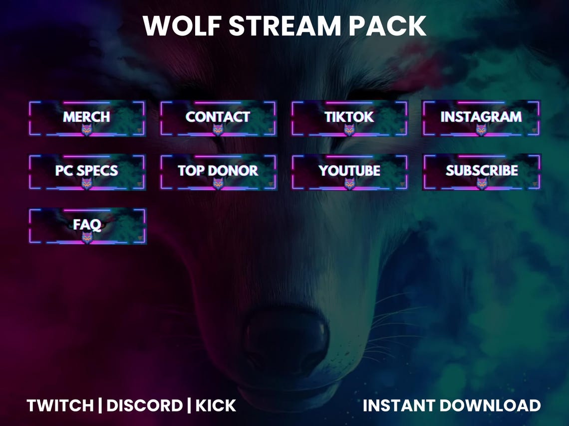 Wolf Twitch Stream Pack With Animated Screens, Panels, Sub Badges, and ...