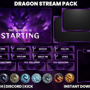 Puede incluir: Paquete de superposición de transmisión de Twitch morado y negro con un diseño de dragón. La superposición incluye una pantalla de inicio, chat, seguimiento, donación, suscripción y otros paneles. El texto "THE STREAM IS STARTING" se muestra en la pantalla de inicio. La superposición también incluye un conjunto de 8 iconos de dragón morado y dorado.