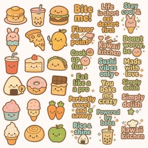 Niedliches Kawaii Essen Clipart Bundle | 4 Sets von entzückenden Essen & Zitat PNGs | Pastellfarbene digitale Aufkleber für Scrapbooking, Planer, Printables