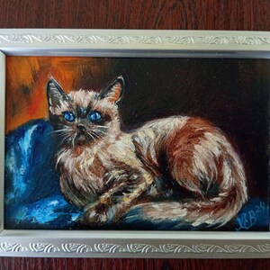 Pintura al óleo original Retrato de gato siamés Arte original enmarcado Gatito con ojos azules Retrato de mascota animal