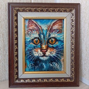 Peinture à l'huile originale Portrait de chat bleu encadré Art original fantastique drôle Animal portrait d'animal de compagnie
