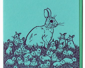 Spring Bunnies Card Letterpress Printed Original Illustration