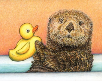 Otter's Bath Card from an Original Colored Pencil Drawing