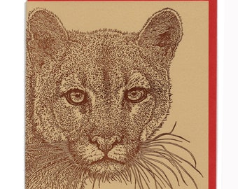 Cougar Mountain Lion Tan Card Letterpress Printed Original Illustration