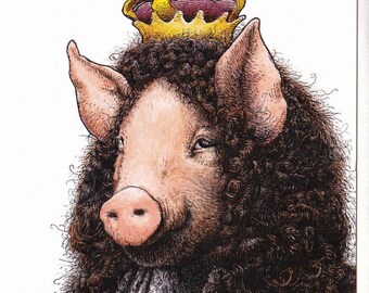 Swine King Card Image from an Original Watercolor Painting Pig Monarch