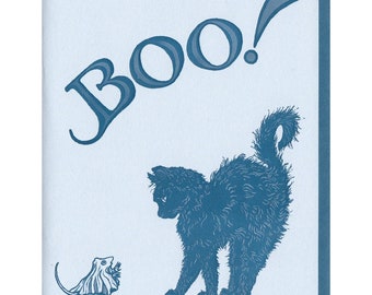 BOO! Kitten and Mouse Halloween Card Letterpress printed Orignial Illustration Blue