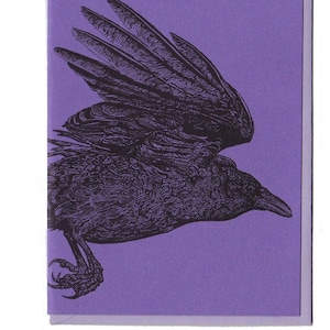 Purple Corvid Card Letterpress Printed Original Illustration Flying Bird image 1