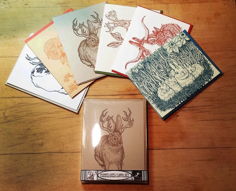 Box Set of 6 Bunnylopes Cards Original Illustrations Letterpress Printed Jackalopes image 1