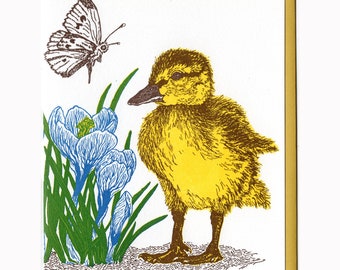 Duckling, Butterfly and Crocus Card Letterpress Printed with Original Illustration Yellow, Blue, Brown and Green