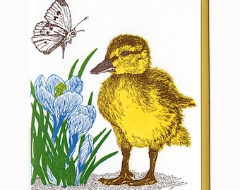 Duckling, Butterfly, and Crocus Letterpress Card