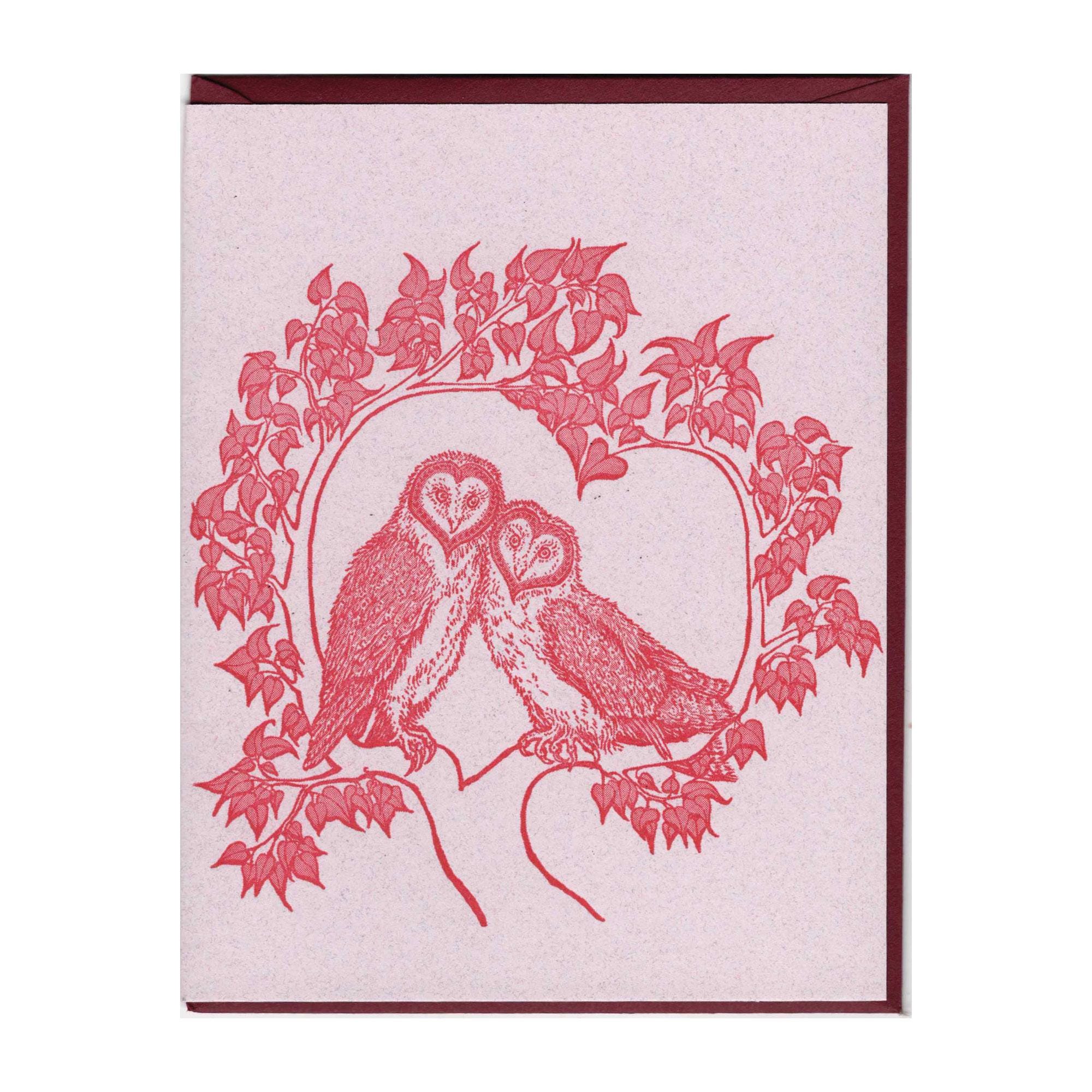 Heart Owls Card Letterpress Printed Card Original Illustration