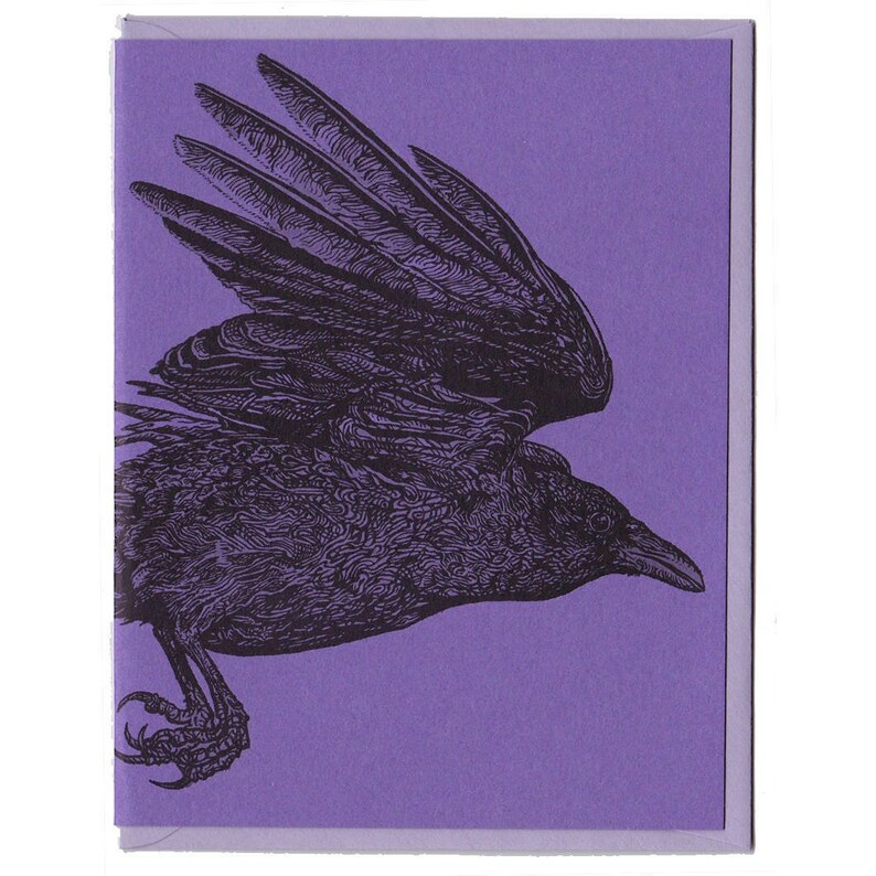 Purple Corvid Card Letterpress Printed Original Illustration Flying Bird image 1