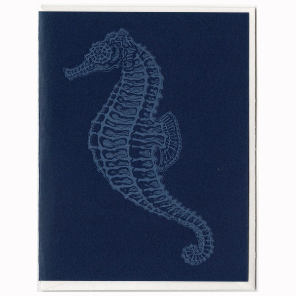 Seahorse Card Letterpress Printed Original Illustration Blue outside White inside