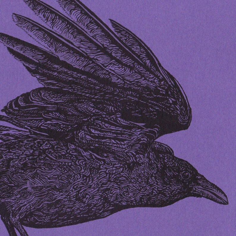 Purple Corvid Card Letterpress Printed Original Illustration Flying Bird image 2