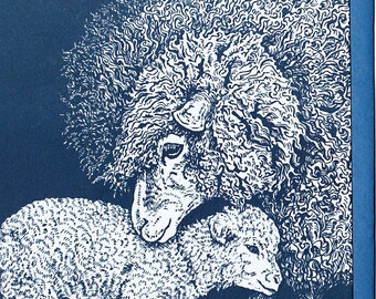 Blue Ewe and Lamb Card Letterpress Printed with Original Illustration