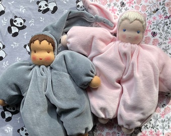 Waldorf/Steiner ORGANIC doll, cuddly cloth doll, GOTS 100% cotton velour doll, natural fibres, recycled fibre baby wrap included