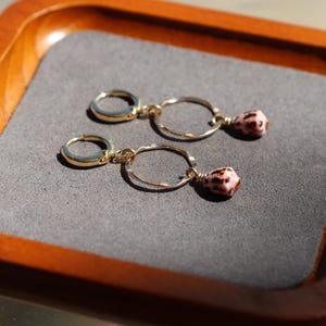 Pink Baby Chaldean Shell Earrings, 14k Gold Filled Coastal Jewelry, Hammered Huggie Hoop Drop