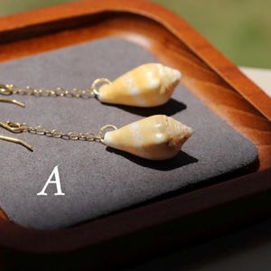 May include: A pair of drop earrings featuring small, cream and tan cone-shaped seashells attached to thin gold-toned metal chains and curved ear wires. The letter A is printed in white on the gray surface beneath the jewelry pieces.