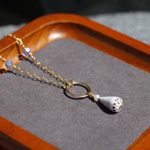 Japanese Hebrew Cone Necklace, 14k Gold Filled Coastal Jewelry, Hammered Ring and Blue Beaded Chain