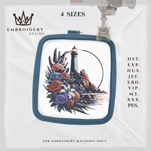 Flower Lighthouse Embroidery Design: Machine Embroidery (Digital Download)