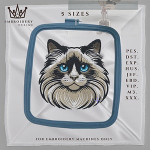 May include: Embroidery design of a cat's face with blue eyes. The design is available in 5 sizes and in the following formats: PES, DST, EXP, HUS, JEF, EBD, VIP, M3, XXX.  The design is for embroidery machines only.