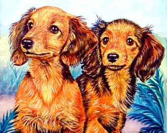 Dachshund Dog Puppy Giclee Fine Art Print Two Peas in a Pod