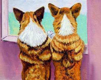May include: An oil painting depicts two corgi dogs standing on their hind legs, looking out a window. The dogs have brown and white fur, with their backs facing the viewer. The background features a pink wall and a view of a blue and green landscape.