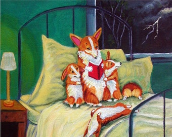 May include: A painting of four corgi dogs in a bed. The corgi in the middle is reading a book to the other three corgis. The bed has a white sheet and a green headboard. The painting is signed "Lynn Hamer Cook 2006".