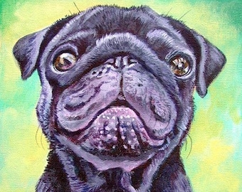Pug Black Puppy Dog Collectible Giclée Fine Art Print, Gift for Mom, Gift for Pug Lovers, Wall Art Home Decor