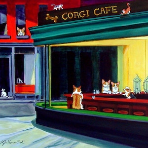 Può includere: Dipinto acrilico di una scena di caffè con corgi e gatti. L'insegna sopra il caffè recita "CORGI CAFE". Il caffè ha una tenda verde e un bancone rosso. I corgi sono al bancone e nelle finestre. Un gatto bianco è seduto nella finestra.